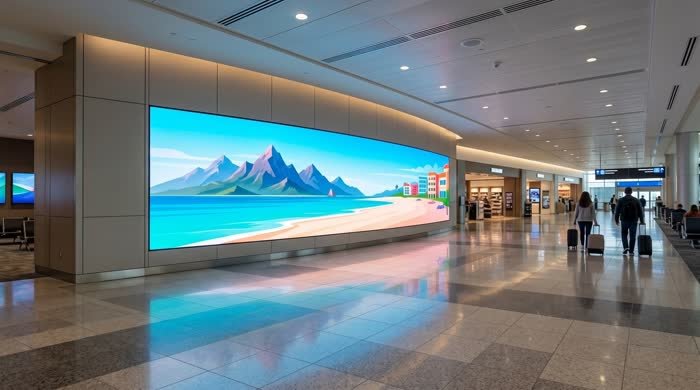 Curved LED video wall in an airport concourse