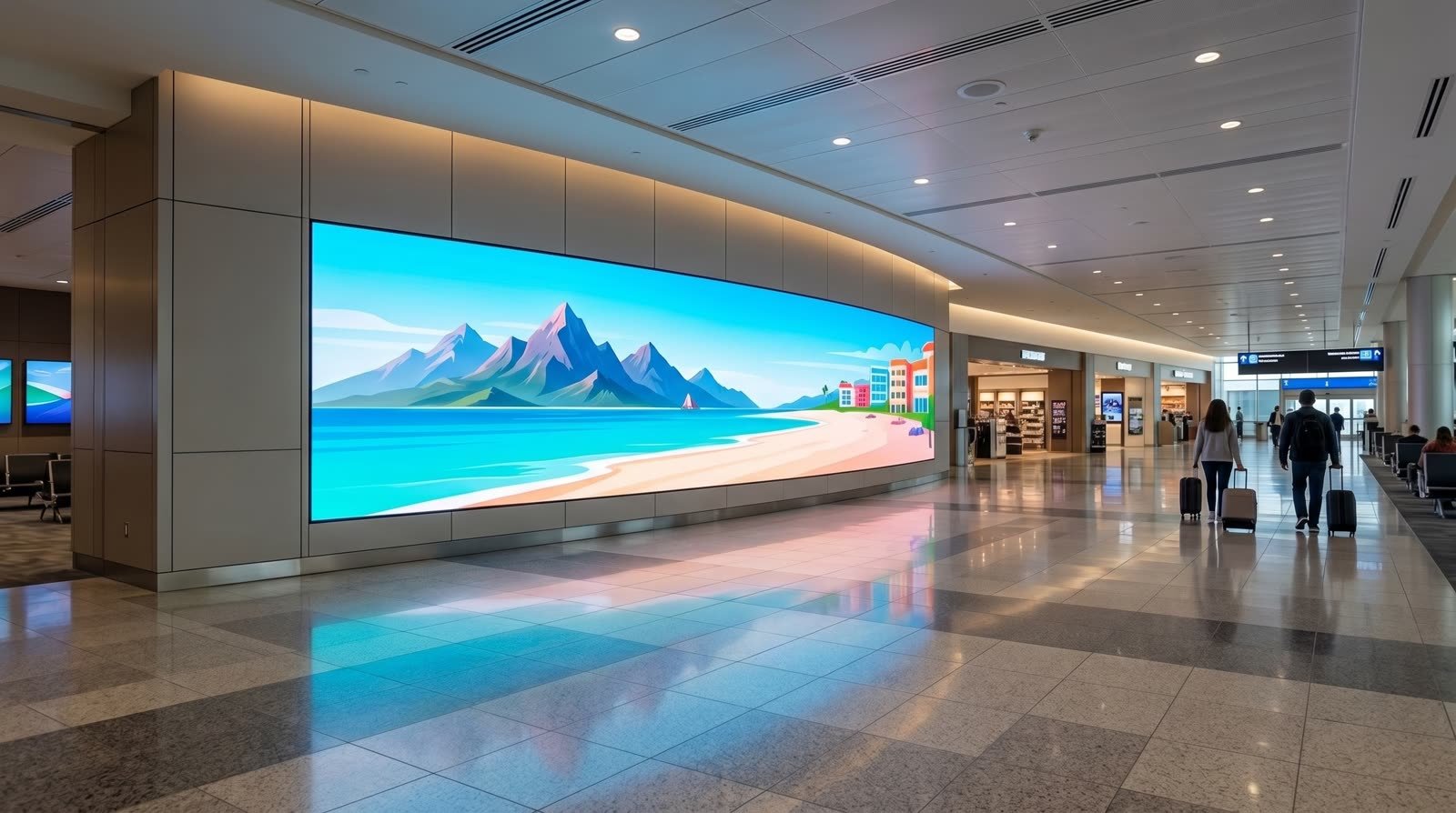 Curved indoor LED video wall in an airport concourse