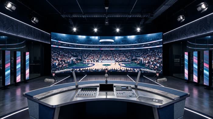 Sports broadcast desk with LED wall showing live basketball