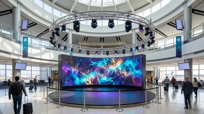 Curved LED wall wrapping a small performance stage