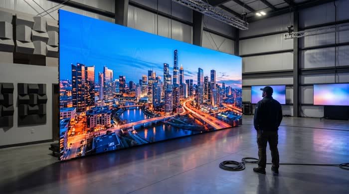 LED wall showing a glowing city skyline in a studio