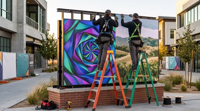 Crew installing an outdoor LED monument sign