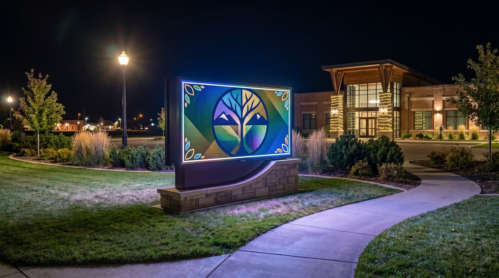 Outdoor LED monument sign glowing at night in front of a municipal building