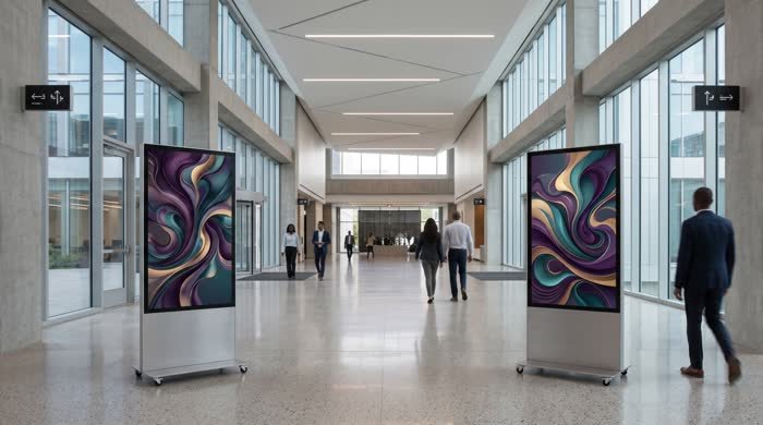 Two freestanding LED poster displays in a lobby