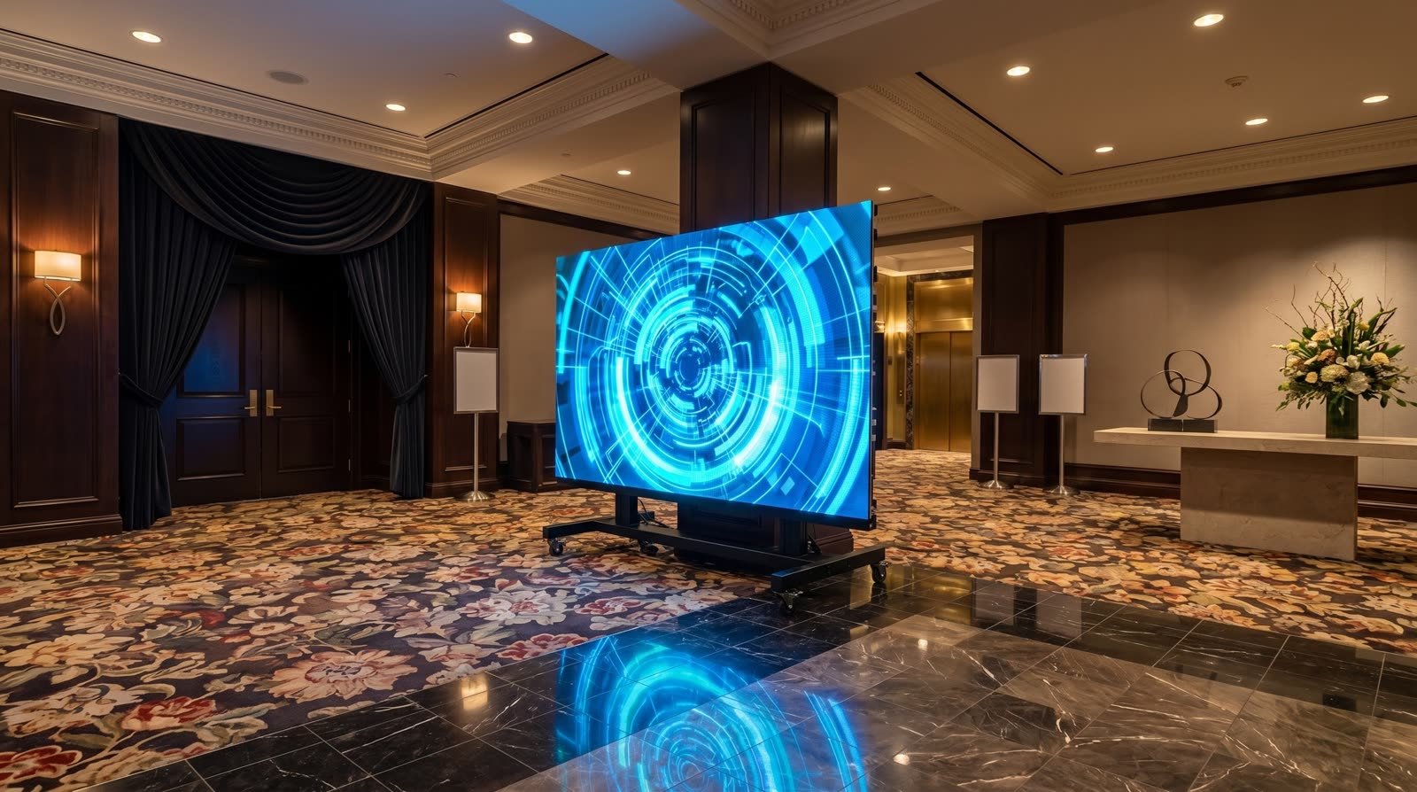 Freestanding mobile LED display wall in a hotel foyer