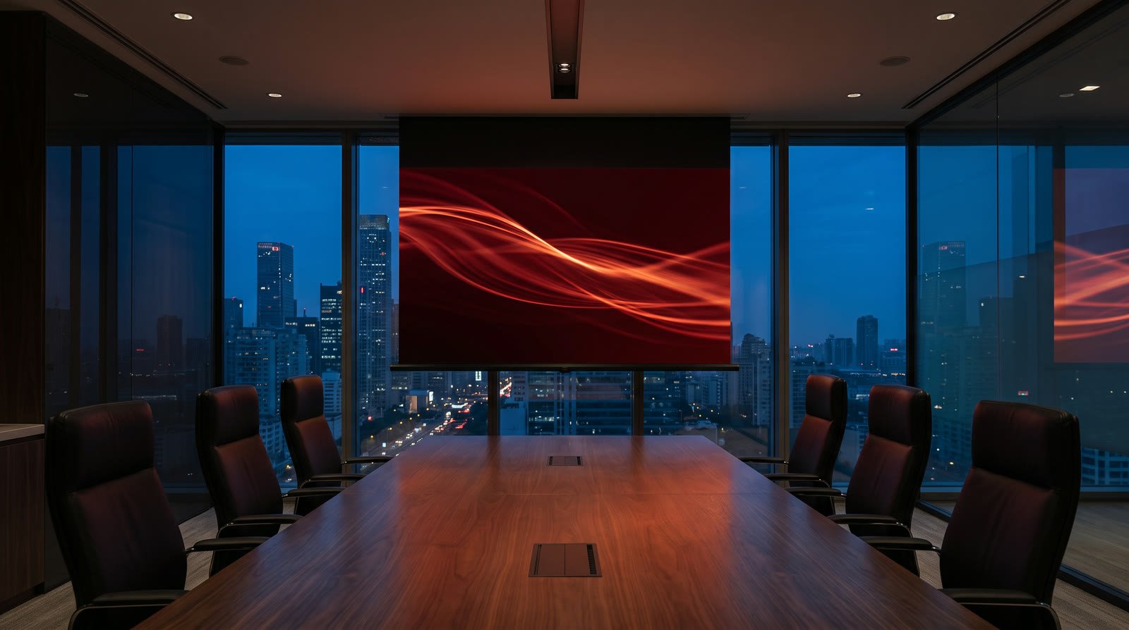 Roll-down LED display deployed from a recessed ceiling housing in an executive boardroom at dusk