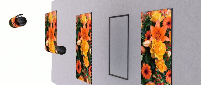 Install sequence of a magnetic LED picture wall: roll, unrolled panel, wall frame, finished wall