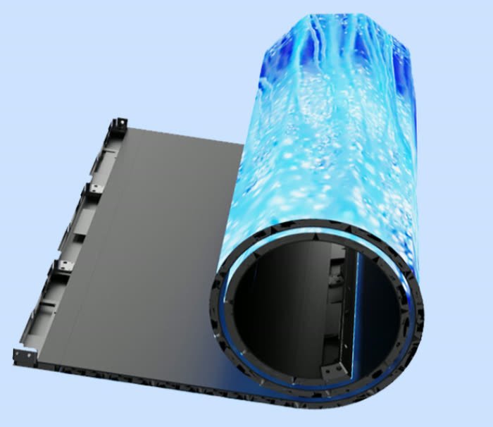Flexible LED panel partially unrolled from its cylinder